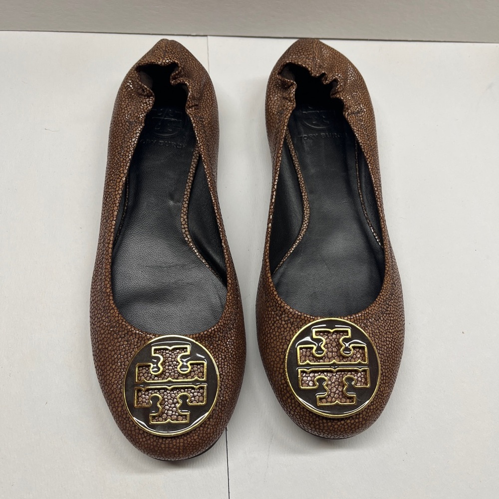 Tory Burch Reva ballerina shoe, stingray leather in brown, sz 8 original box